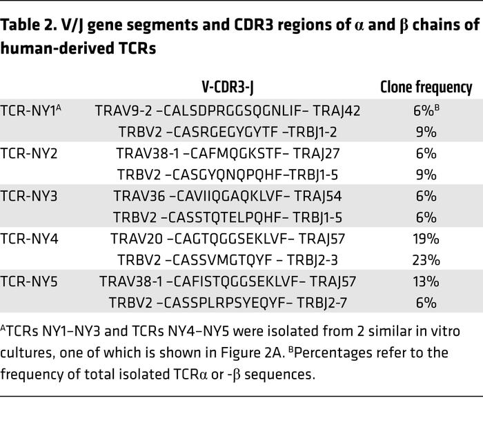 V/J gene segments and CDR3 regions of α and β chains of human-derived TCRs