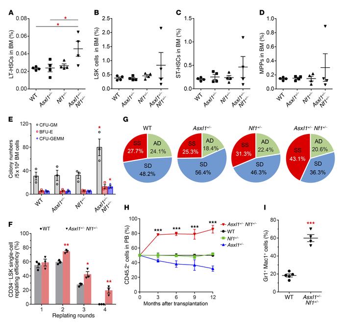 Altered HSC self-renewal and cell fates in Asxl1+/– Nf1+/– mice.
(A–D) F...