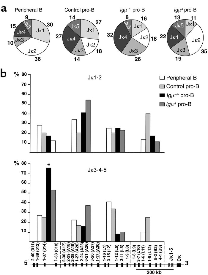 Igκ light chain repertoire in pro-B cells. (a) Jκ usage in 108 periphera...
