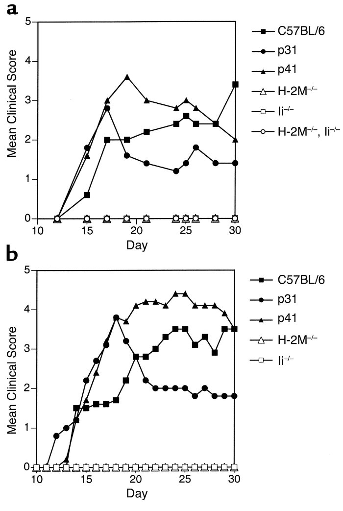 H-2M– and Ii-deficient mice are resistant to EAE. Mean clinical score of...