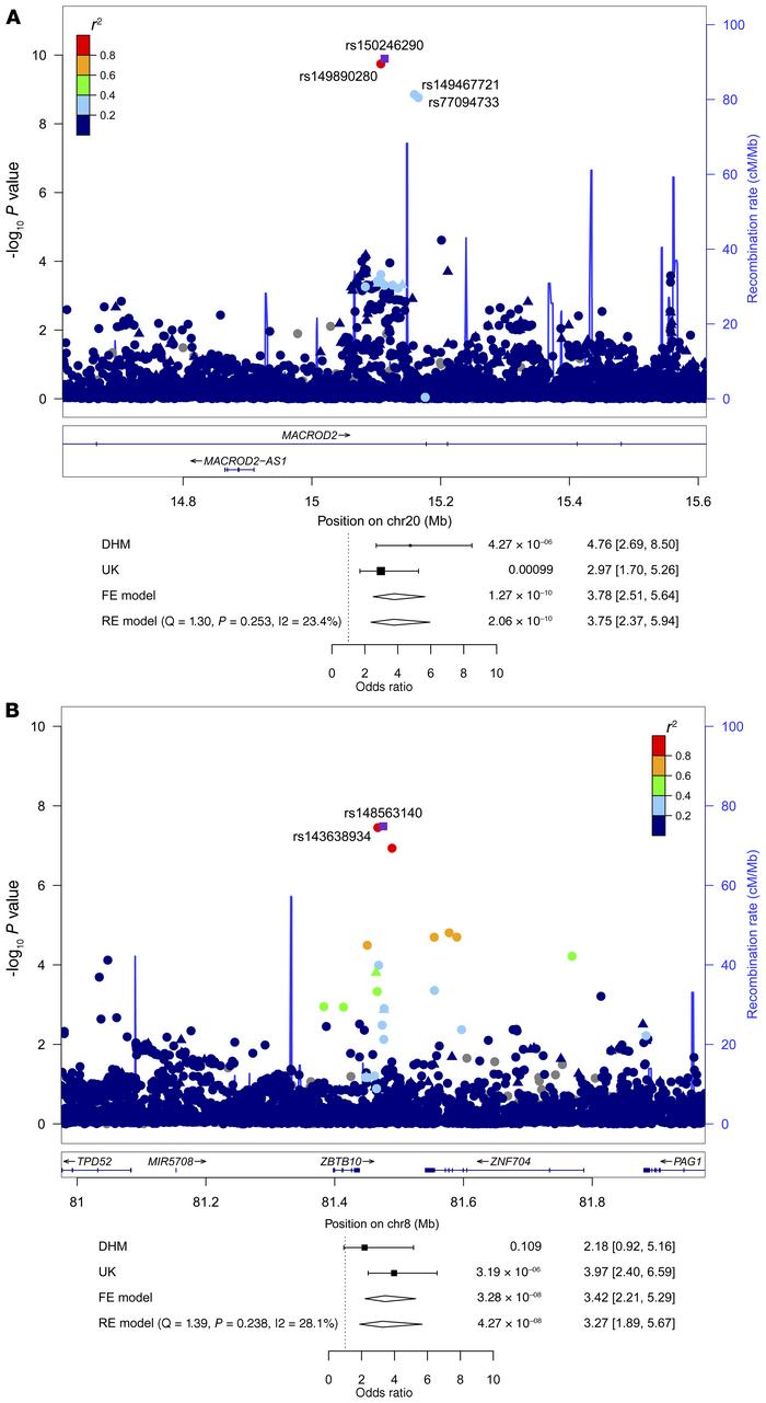 SNPs associated with TGA.
(A) LocusZoom plot of the MACROD2 region on ch...