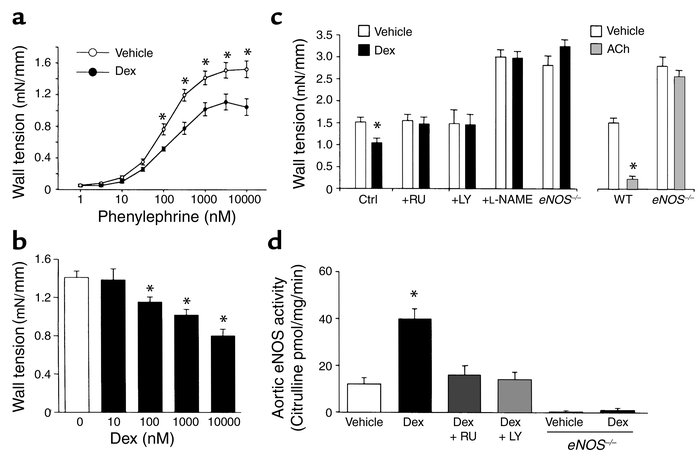 NO-dependent vasodilation by corticosteroids. (a) Wall tension to cumula...