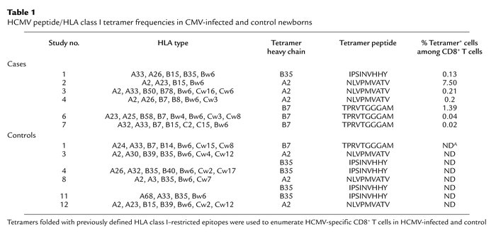 HCMV peptide/HLA class I tetramer frequencies in CMV-infected and contro...