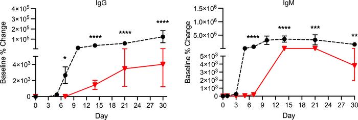 IgG and IgM antibodies against AAV9.
Group 1 (dashed black lines and sol...