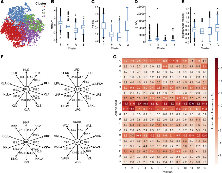 Exploration of AMP sequence space.
(A) t-SNE transformed physicochemical...