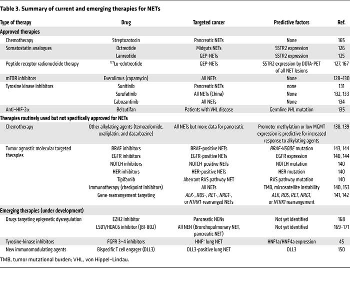 Summary of current and emerging therapies for NETs