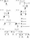 Family trees of DiscovEHR kindreds (A–F) were identified as harboring DGKD
