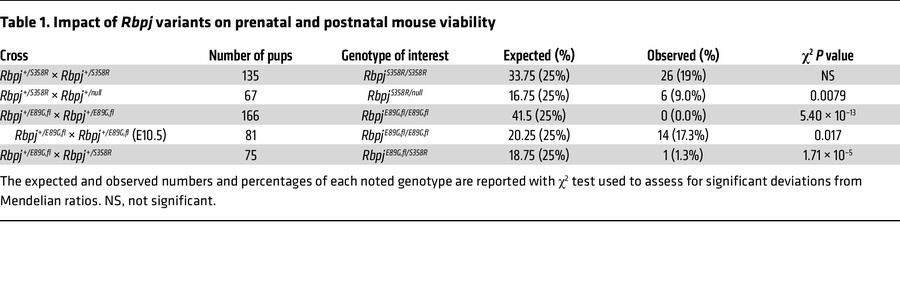 Impact of Rbpj variants on prenatal and postnatal mouse viability