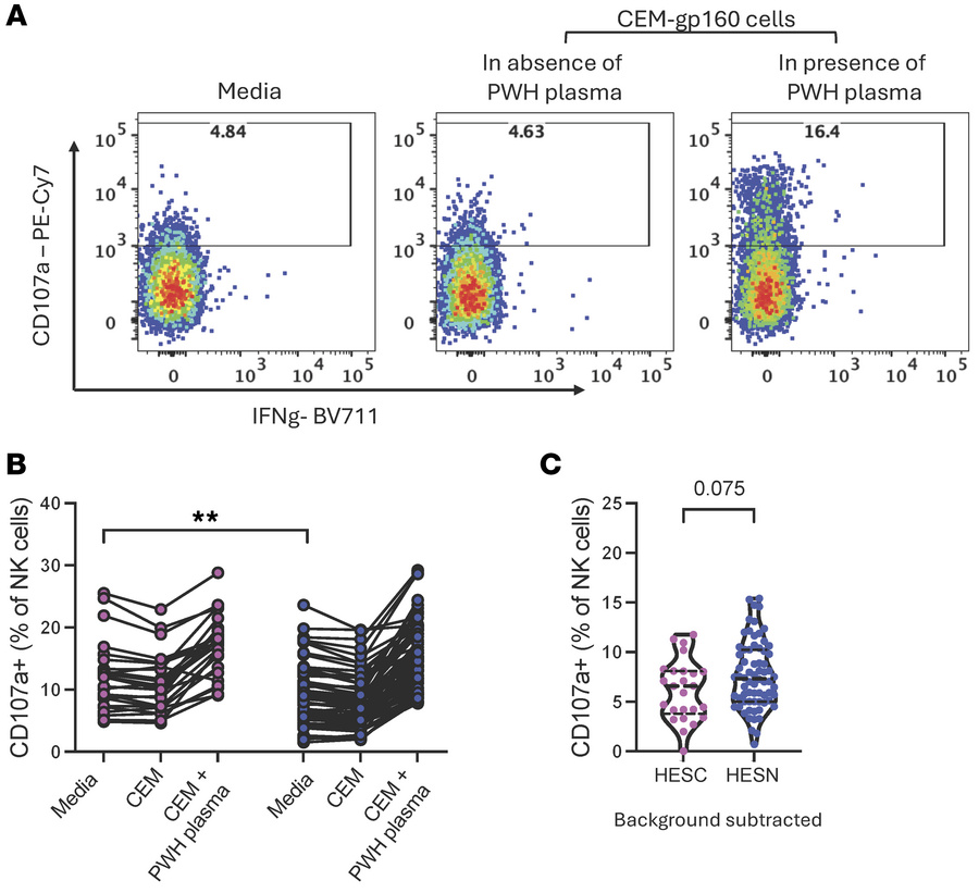 NK cell degranulation ability in HESN and HESC individuals.
(A) Represen...