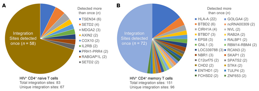 HIV integration site distribution in CD4+ T cells from participant 1001....