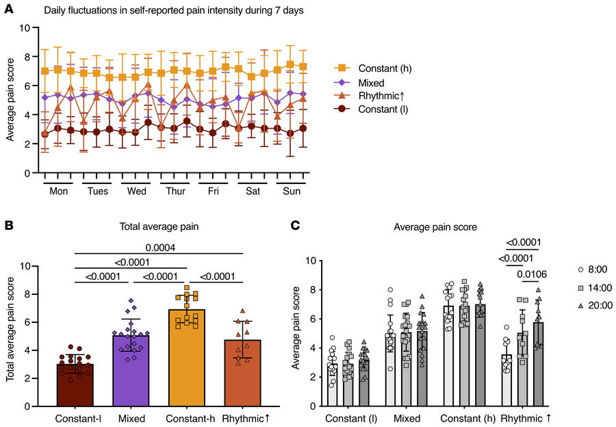CLBP cohort grouped by pain intensity on a 24 hour scale (n = 60).
(A) P...