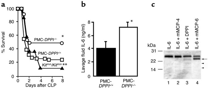 Selective absence of mast cell DPPI improves survival from sepsis. (a) S...