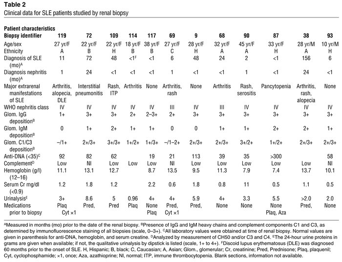 Clinical data for SLE patients studied by renal biopsy