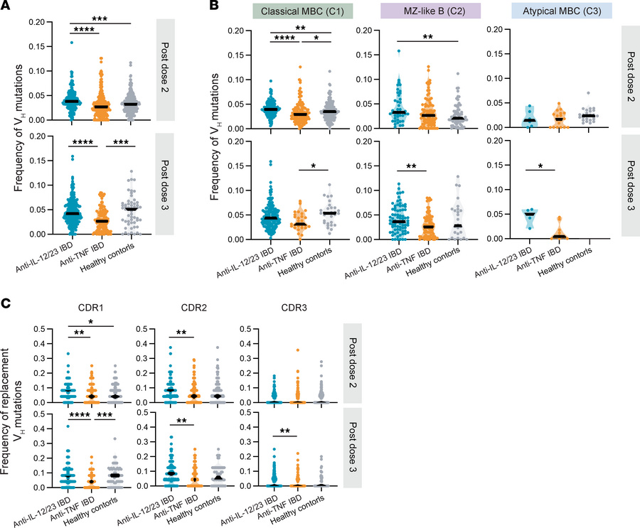 Reduced somatic hypermutation in the BCRs of S-specific memory B cells i...