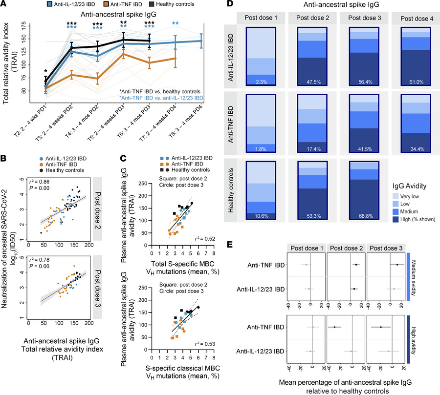 The avidity of anti-S IgG is lower in patients with IBD treated with ant...
