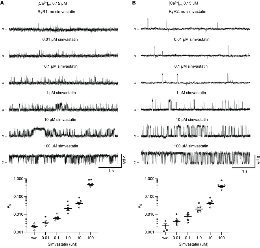 Single-channel recordings of RyR1 or RyR2 treated with simvastatin.
(A) ...