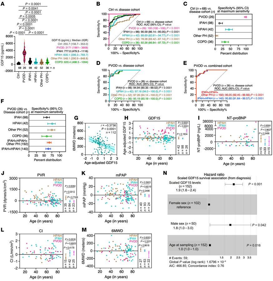 Plasma GDF15 as a diagnostic and prognostic biomarker for PVOD.
(A) Viol...