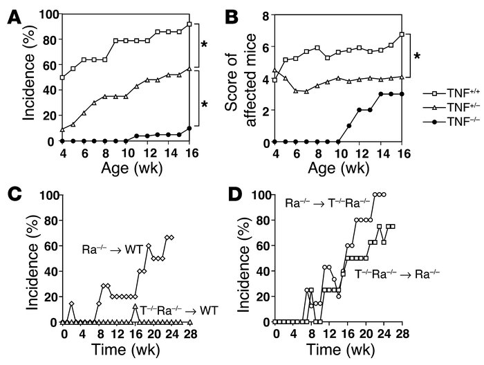 Incidence of arthritis in TNF-α-_deficient IL-1Ra–/– mice. Incidence (A)...