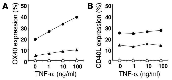 Induction of OX40 expression on T cells by TNF-α. (A) OX40 expression (%...