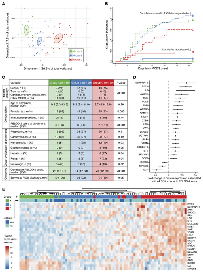 Three subgroups based on protein expression at MODS onset.
(A) PCA of 21...