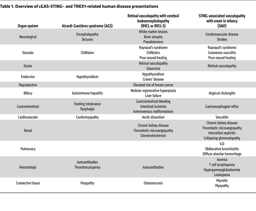 Overview of cGAS-STING– and TREX1-related human disease presentations