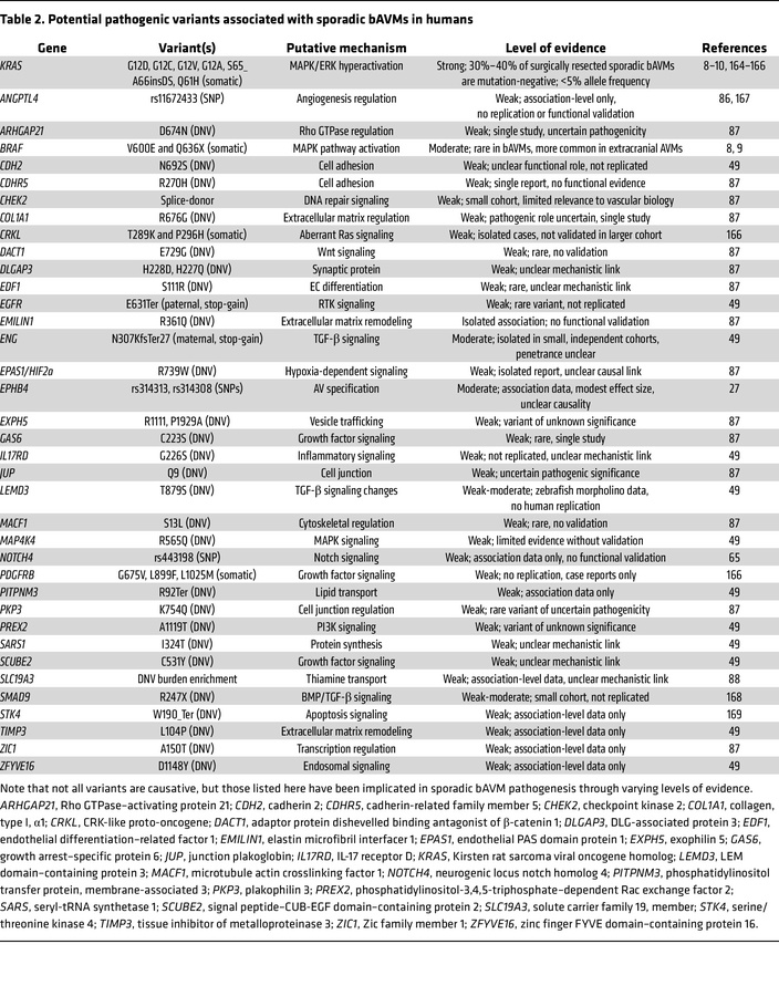 Potential pathogenic variants associated with sporadic bAVMs in humans