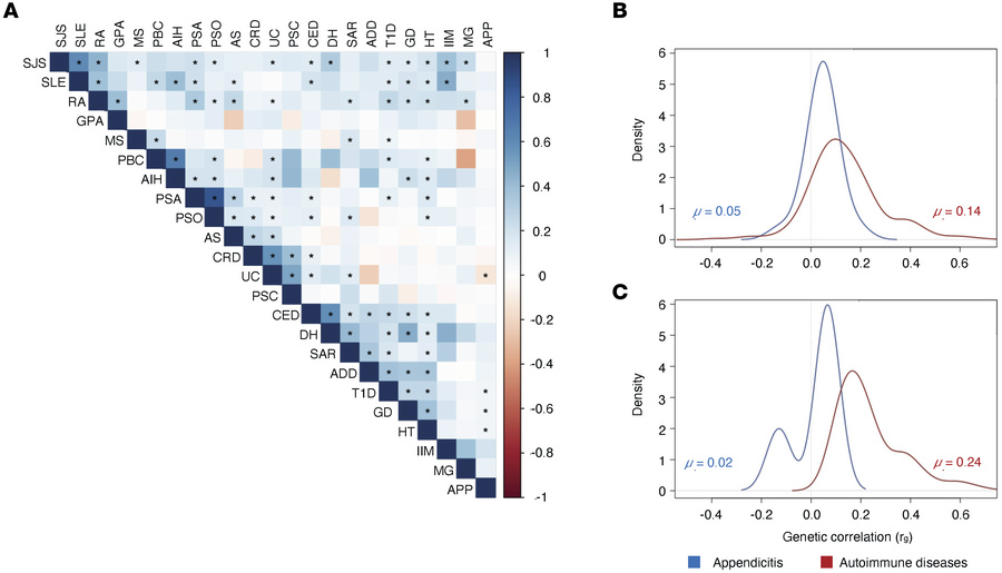 Genetic correlations between ADs.
(A) Pairwise genetic correlation matri...