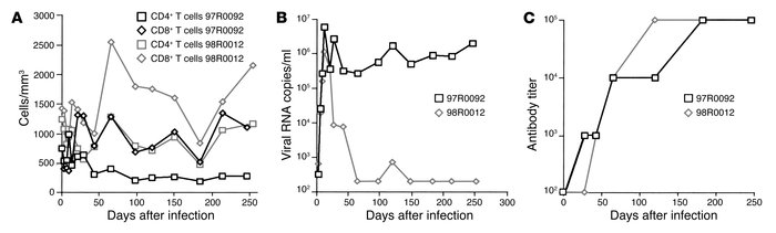 Immunological and virological parameters after infection of RhMs 97R0092...