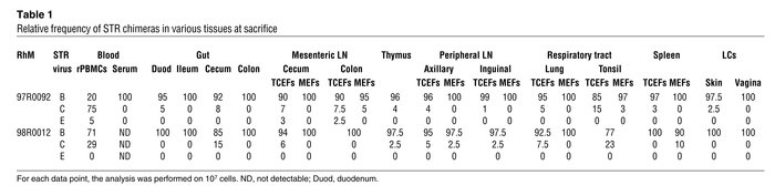 Relative frequency of STR chimeras in various tissues at sacrifice