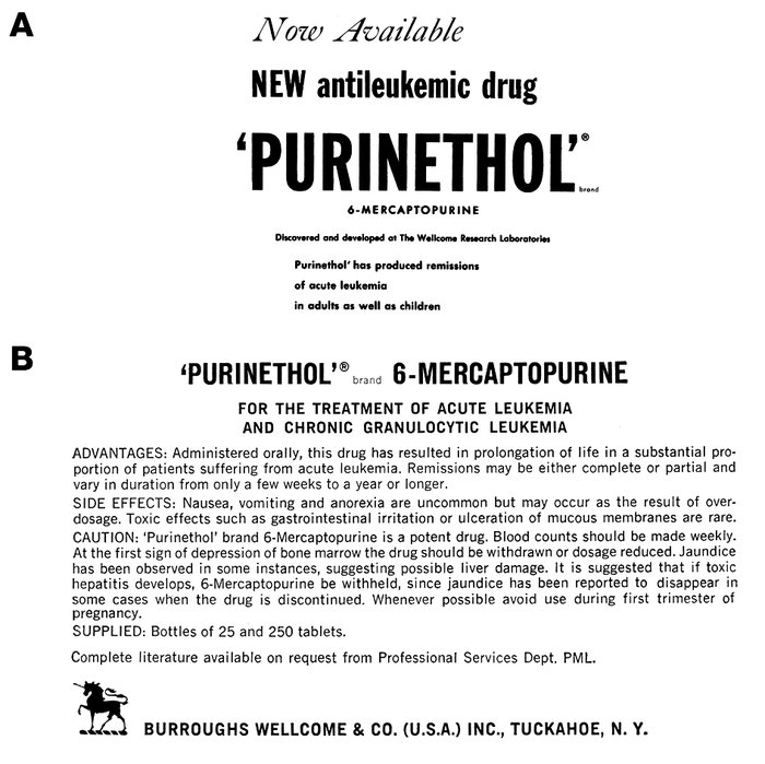 Advertisements for the antileukemic drug Purinethol in 1954 (A) and 1963...