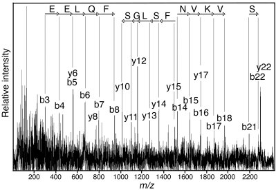 MALDI-TOF/TOF MS/MS identification of serum peptide 2305.
0 as a fragmen...