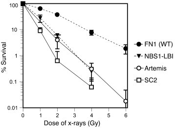 Clonogenic survival assay of fibroblasts after IR.
Fibroblasts from pati...