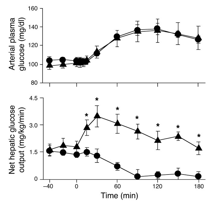 Arterial plasma glucose levels and NHGO in 18-hour-fasted conscious dogs...