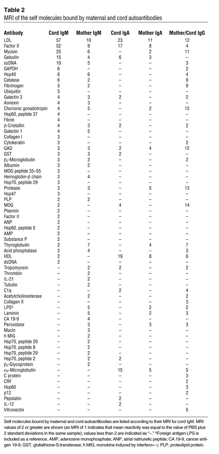 MRI of the self molecules bound by maternal and cord autoantibodies