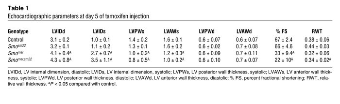 Echocardiographic parameters at day 5 of tamoxifen injection