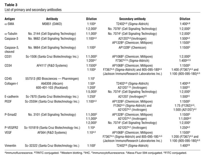 List of primary and secondary antibodies