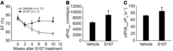 S107 improves cardiac function in RyR2-S2808D+/+ mice.
   
(A) Echocardi...