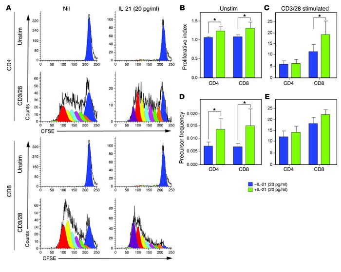 rhIL-21 induces T cell proliferation in vitro.
(A) Representative CFSE p...