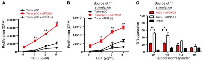 Silencing FOXO3 in human TADC enhances stimulation.
   
siRNA-treated TA...