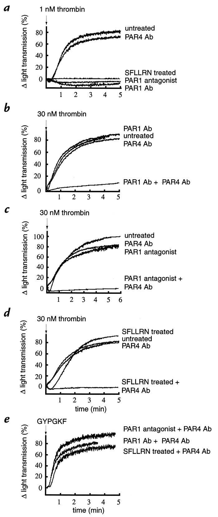 The effects of inhibition of PAR1 and/or PAR4 on aggregation of human pl...