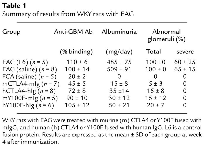 Summary of results from WKY rats with EAG