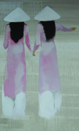 Young Vietnamese women (detail from Schoolgirls, a painting by Nguyen Vi...