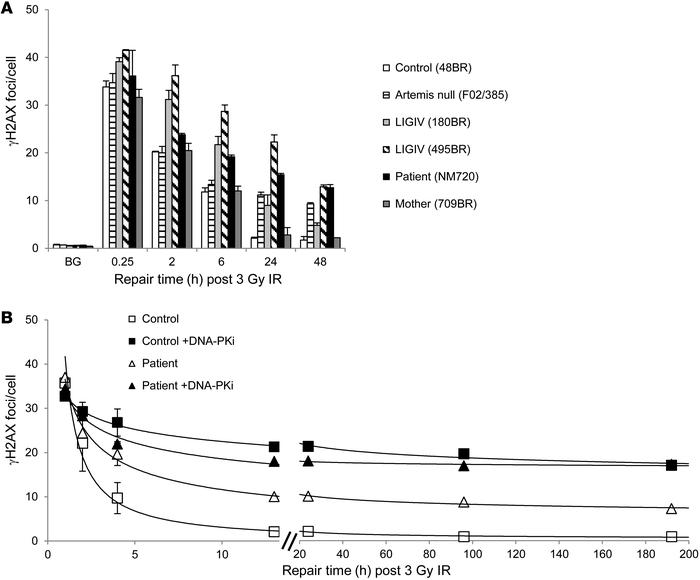 Defective DSB repair in patient fibroblasts.
(A) Control (48BR), Artemis...