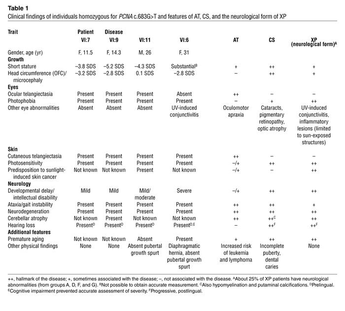 Clinical findings of individuals homozygous for PCNA c.683G&gt;T and fea...