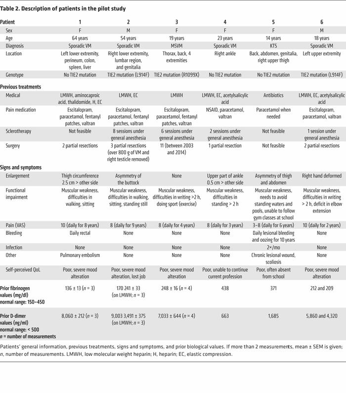 Description of patients in the pilot study