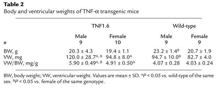 Body and ventricular weights of TNF-α transgenic mice