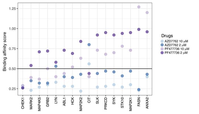 Target profiling of AZD7762 and PF477736.
Binding affinity scores were d...