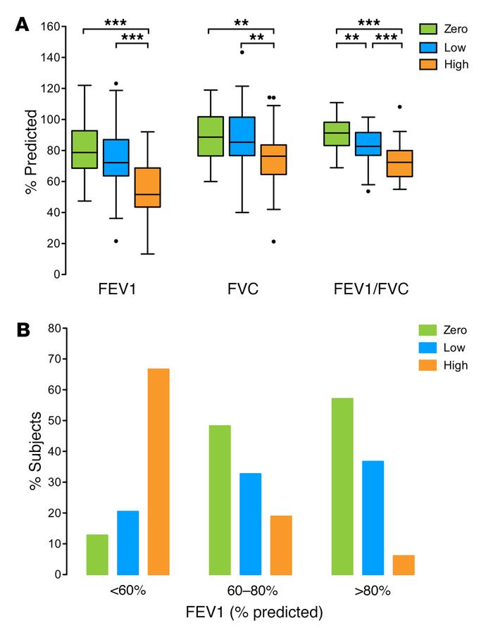Mucus plugging is associated with low lung function.
(A) Spirometric mea...