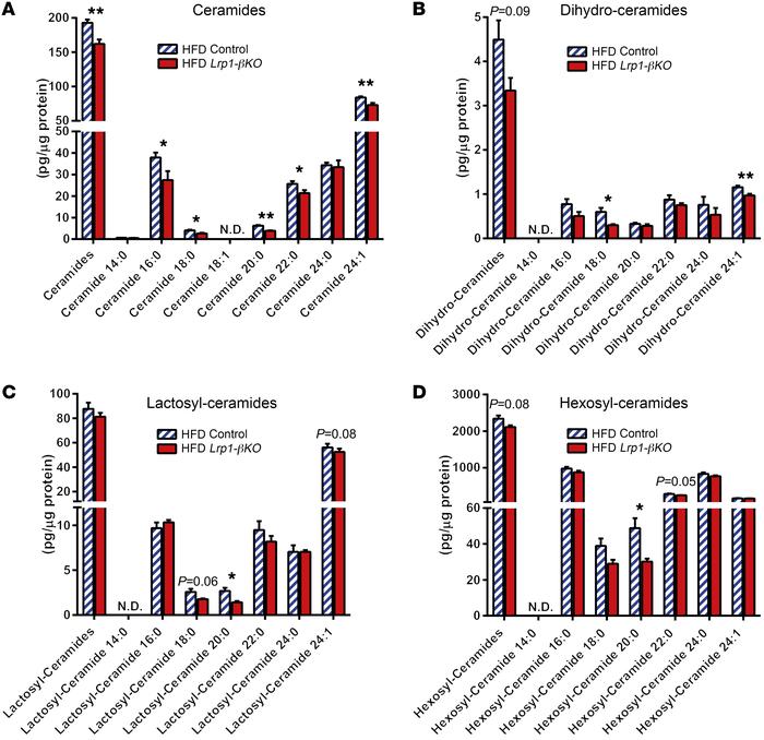 Reduced lipotoxic sphingolipids in HFD Lrp1-βKO islets.
Sphingolipids we...