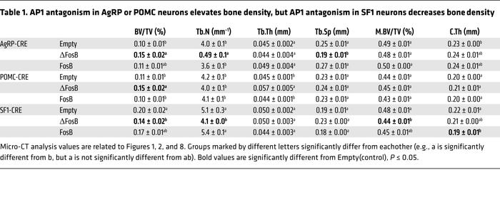 AP1 antagonism in AgRP or POMC neurons elevates bone density, but AP1 an...